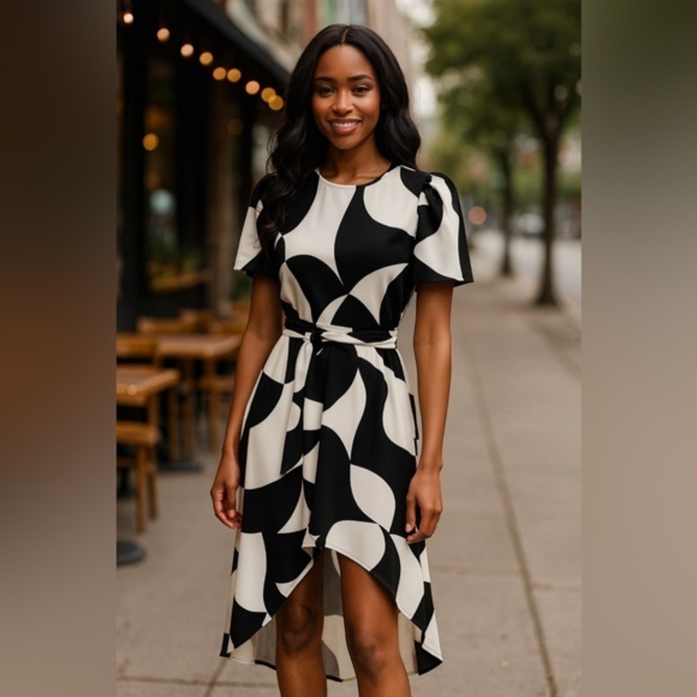 New York & Company Graphic Black White Abstract High Low Tie Dress EUC M #889